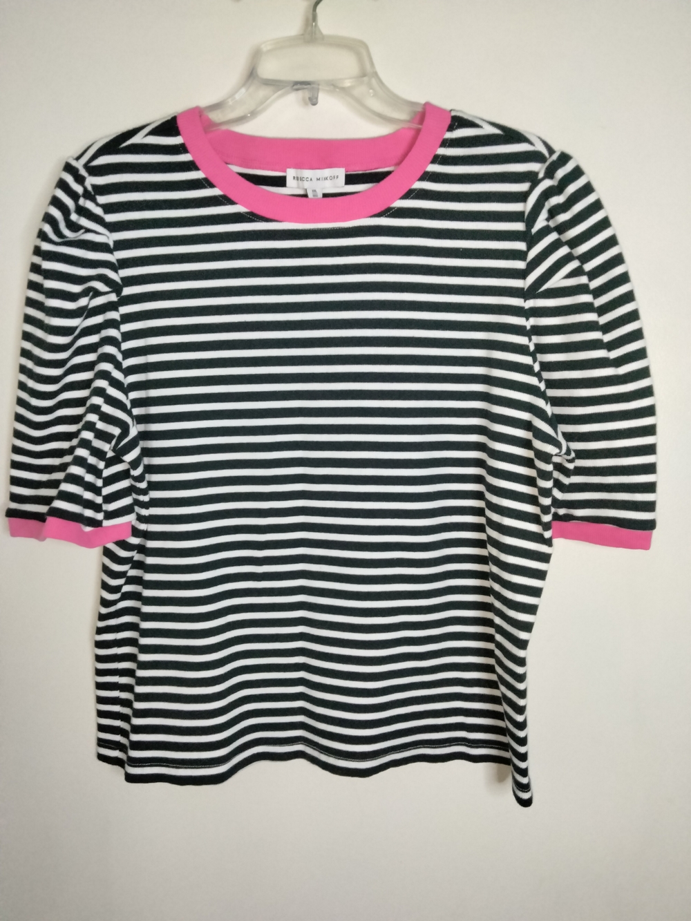 Rebecca Minkoff -XXL- Cotton Blend Black/White Stripe Pink Trim Puff Sleeves Top